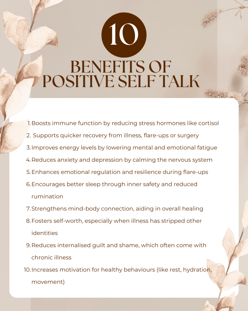 Describes the top 10 benfits of positive self talk
